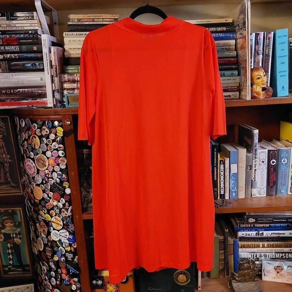 Vintage bright coral almost red 2-piece slip set with mini dress and over coat. - Picture 2 of 8